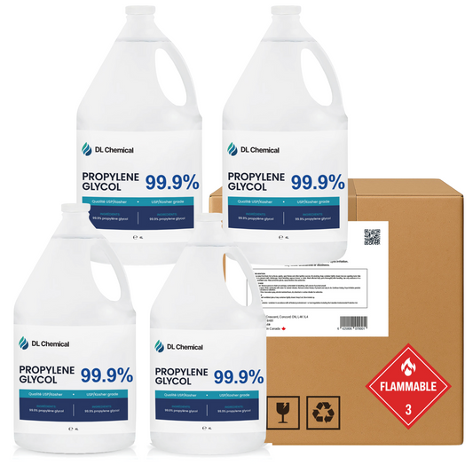 Four bottles of DL Chemical Propylene Glycol with a cardboard box on a white background
