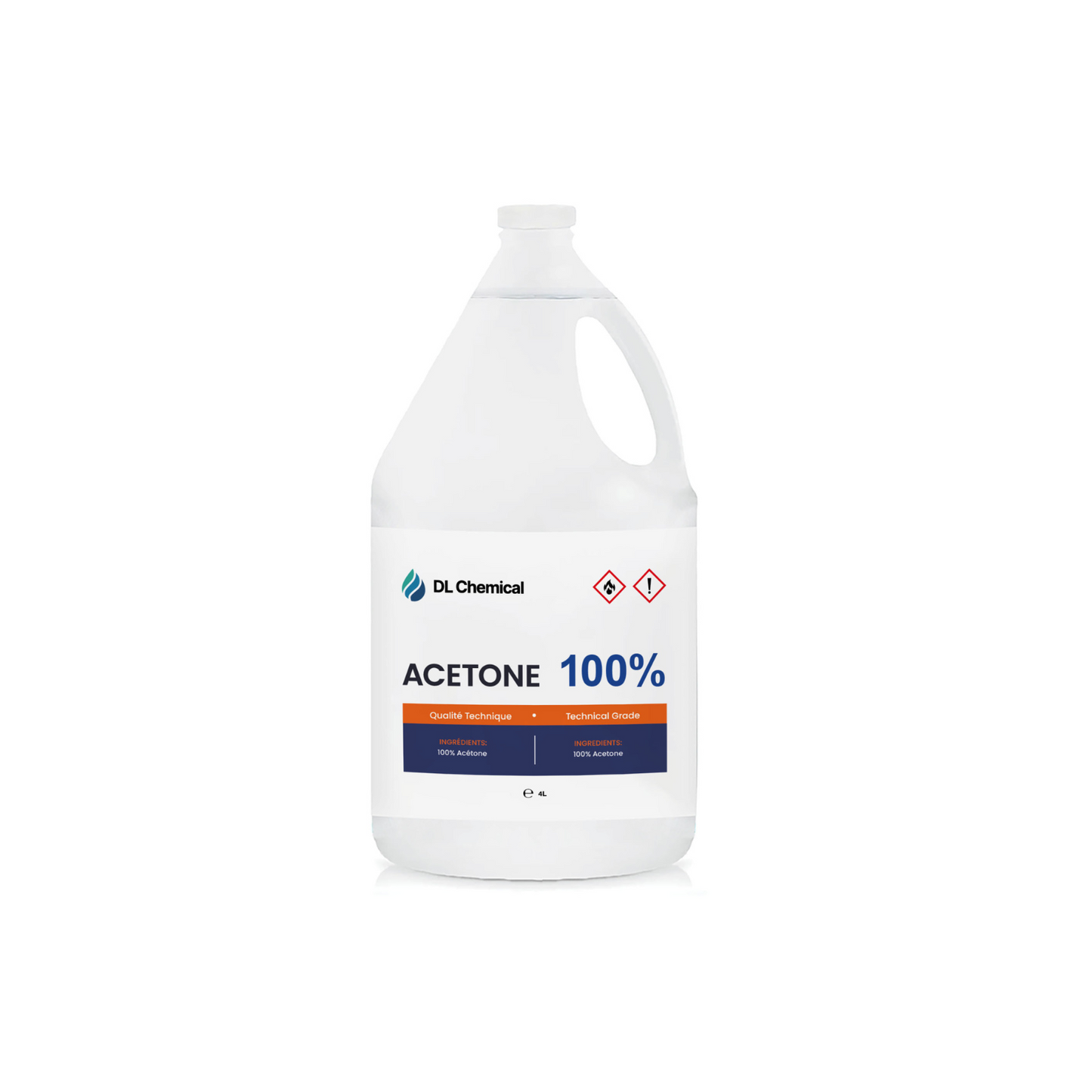Gallon bottle of DL Chemical Acetone 100% on a white background