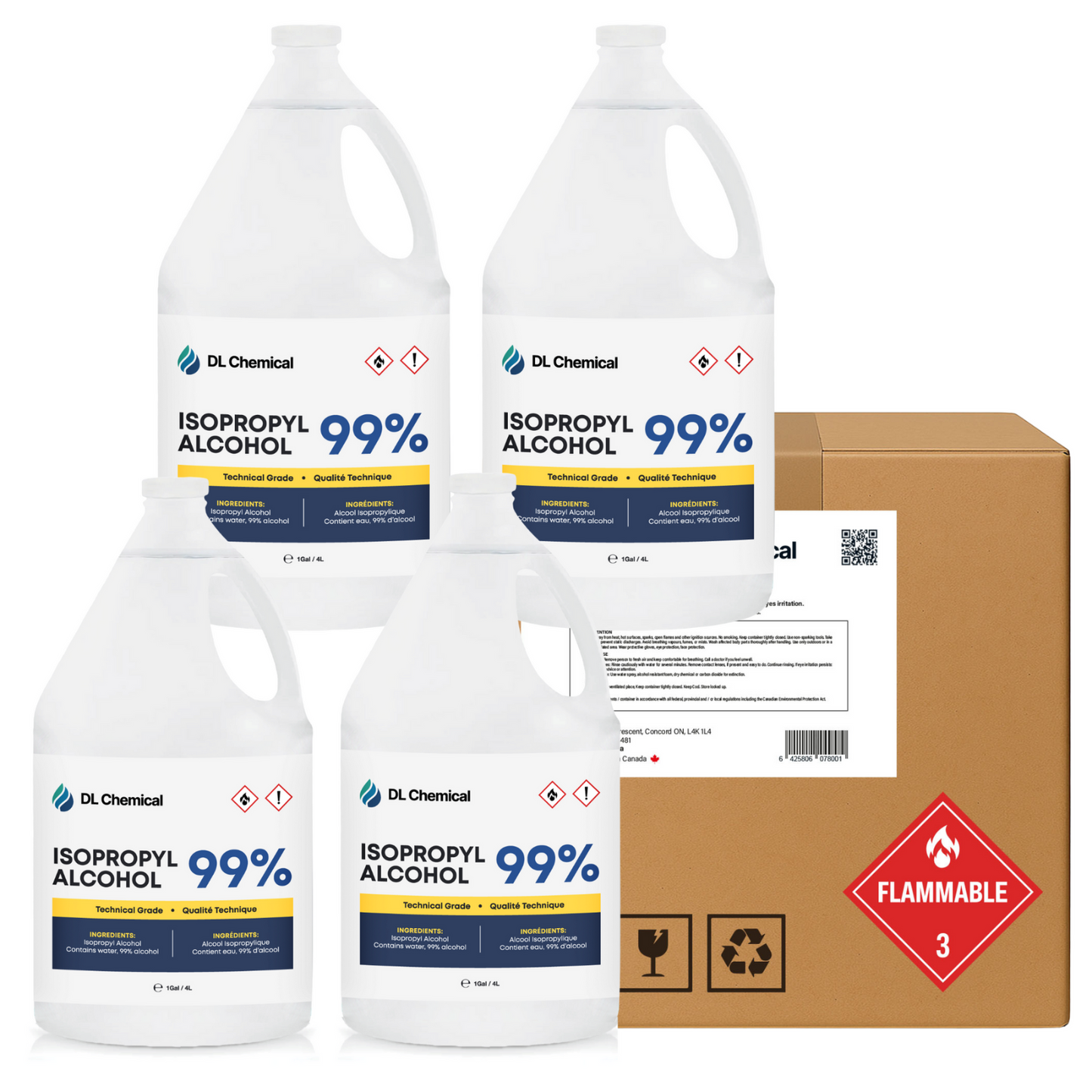 Four bottles of DL Chemical Isopropyl Alcohol 99% with a cardboard box on a white background.