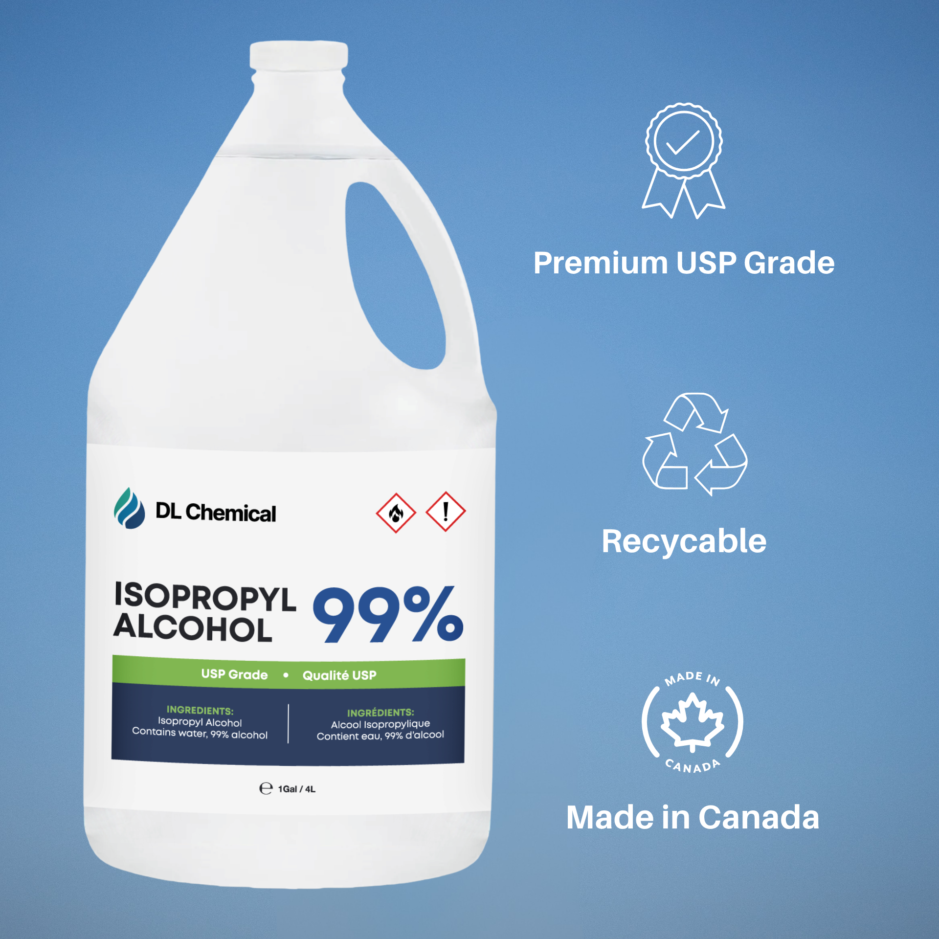 Gallon container of isopropyl alcohol with DL Chemical branding on a blue background
